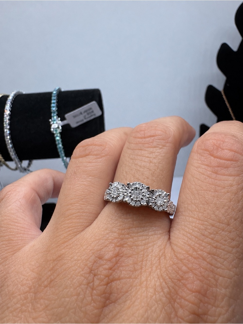 Silver 925 Natural Diamond Triple Cluster Ring – Size 9